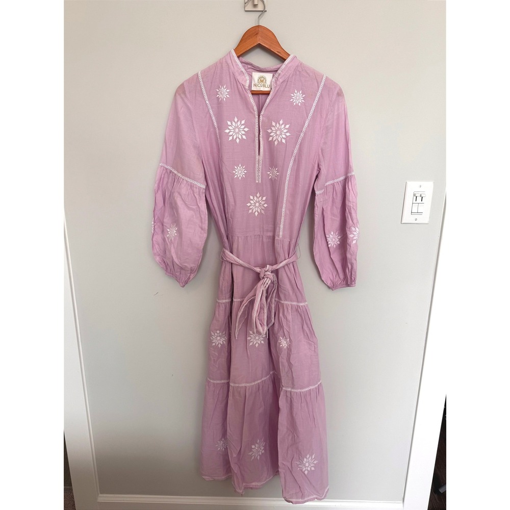 NICOBLU | Embroidered Cotton Maxi Dress Women XS Purple Tiered Balloon Sleeve